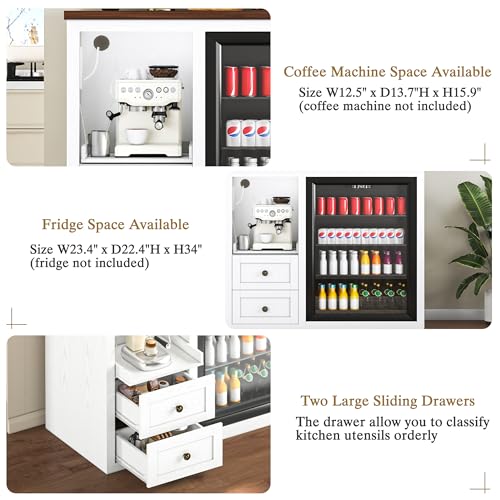 Image of 47.2 inch Coffee Bar Cabinet with Fridge Space, Farmhouse Mini Fridge Cabinet with Power Outlets and Storage Drawers, Wine Bar Cabinet with Sliding Shelf for Kitchen Dining Room, White