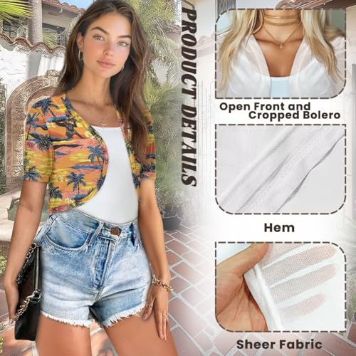 Image of Womens Short Sleeve Cardigans Lightweight Summer Cardigan Trendy Bolero Shrug Cute Floral Cardigan Sheer Bolero