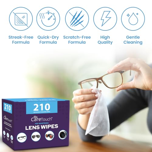 Image of Care Touch Lens Wipes for Eyeglasses- 100 Count Individually Wrapped Pre- Moistened Wipes, 5 x 6 Inch- Camera Lens, Sunglasses and Glasses Cleaner,- Gentle and Portable for Cleaning of Optical Devices