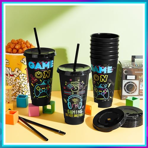 Uiifan 16 Pcs Video Game Party Plastic Cups with Lids and Straws 24 oz Iced Coffee Drinking Resuable Plastic Cups for Video Game Birthday Party Favor(Black) - Image 5
