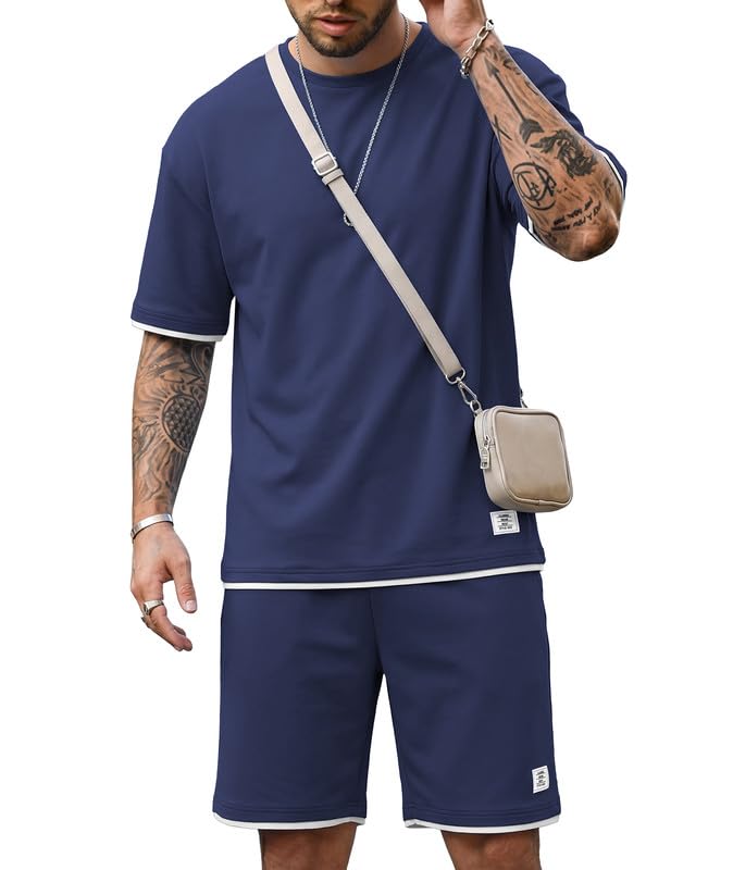 Ekaliy Elainone Ensemble d'été pour homme - T-shirt à manches courtes et short - 2 pièces - Sans plis - Avec bloc de couleurs - Combinaison de loisirs pour le quotidien et les vacances