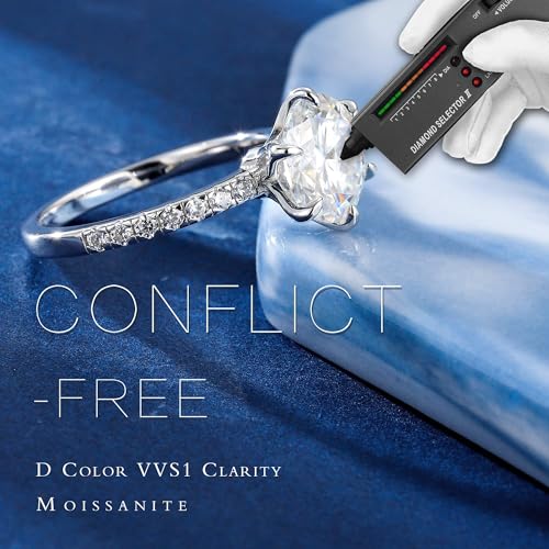 MOOSEA 3ct Moissanite Engagement Rings for Women - Round Cut D Color VVS1 Clarity Lab Created Wedding Band 14K White Gold Plated 925 Sterling Silver Moissanite Ring Anniversary Birthday Gift3