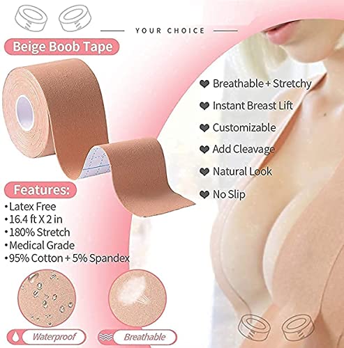 Image of COOFANDY Adhesive Bra Push Up Boob Tape for Large Breasts - With 1 Pair Reusable Invisible Silicone Nipple Covers, 36 Strips Fabric Tape for Women Clothing and Body, Suitable for Breasts A-G Cup Beige