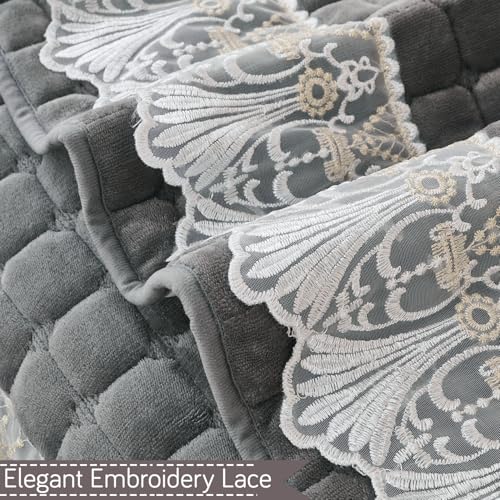 Image of HOKIPO 'BelleLace Series' Imperial Milk Velvet Sofa Backrest Mat Cover with Lace | Anti-Slip | 1 Pc - Porpoise Grey (AR-6311-DGRY)