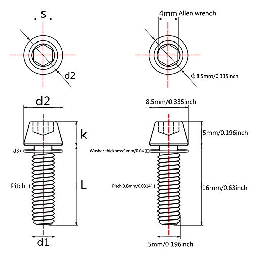Image of Titanium Ti Allen Hex M5 16mm Tapered Head Bolt with Washer Screw for Bicycle Stem Parts Pack of 6 (Black, M5x16mm)