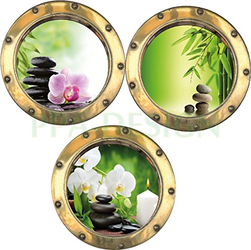 PPA DESIGN Sticker Mural Trompe l'oeil Hublot Galets Bambou Orchidée - Pack de 3 Hublots - Packhu015 - Plusieurs Dimensions Disponibles * (20x20cm)