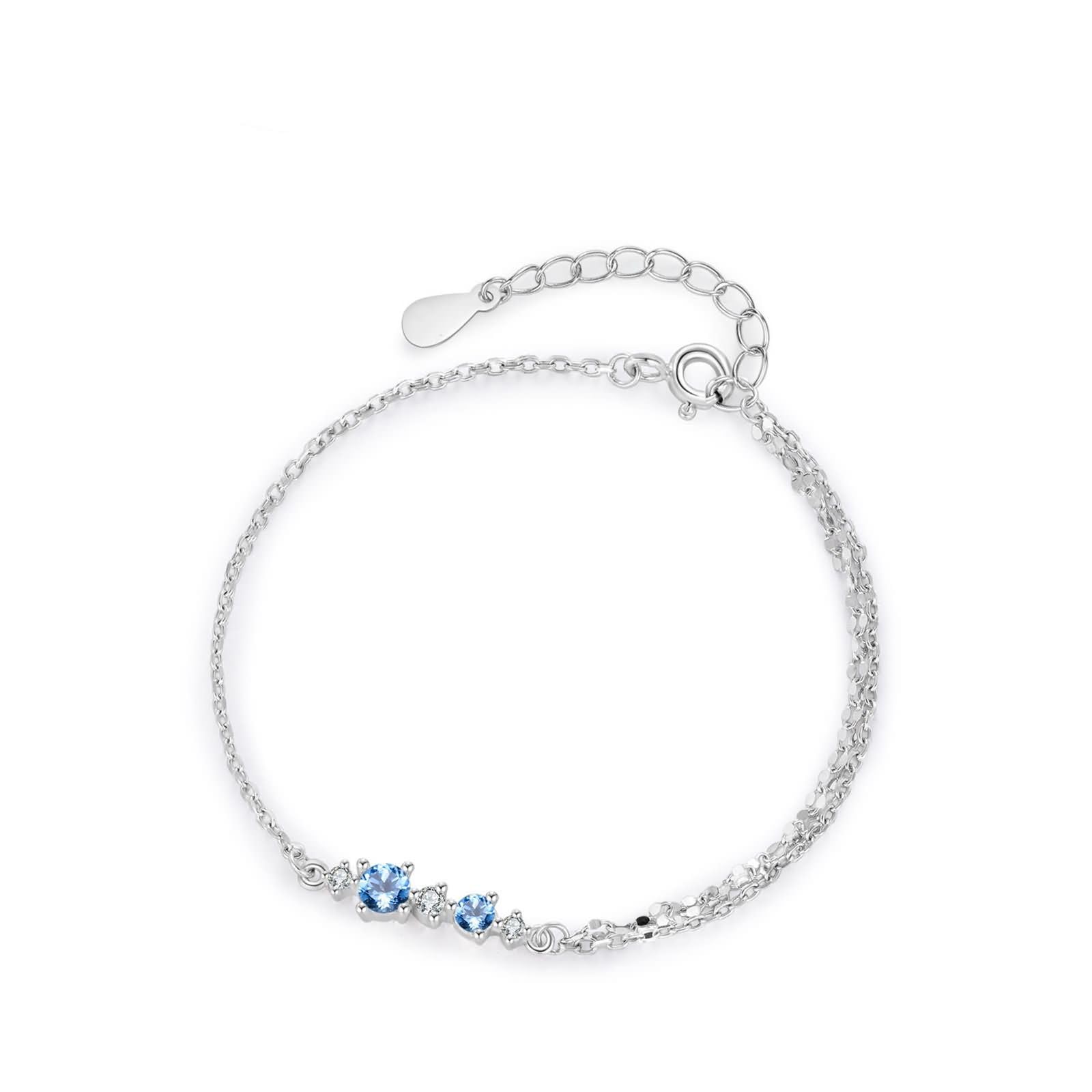 Pulsera Mujer de Oro Blanco 9Kilates / 14Kilates / 18Kilates, Redondo con Topacio de 0,35 ct y Moissanita, Cadena Extensible 16 CM + 5 CM, Pulseras de Ajustable Mujer de Plata Azul