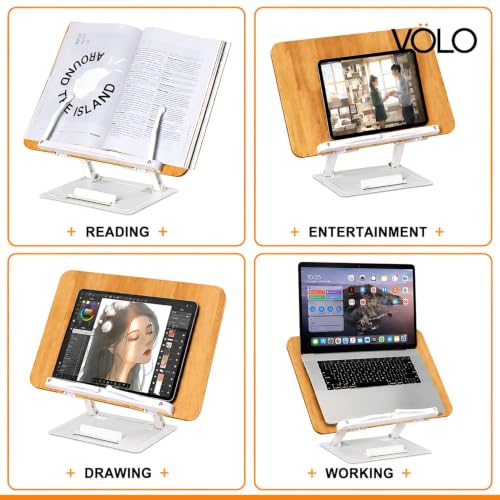 Image of VOLO Book Stand Holder - Portable Adjustable & Foldable Book Holder for Desk, Cookbook, Recipe Book, Textbook & Music Reading Stand (Wooden)