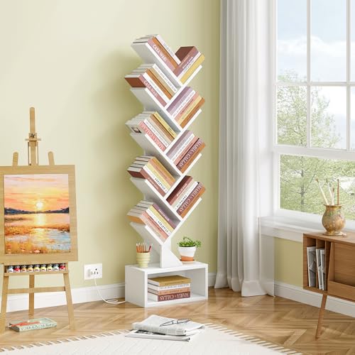 Image of Hoctieon 9 Tier Tree Bookshelf, Tall Bookcase, Freestanding Book Shelf with LED Lights, Display Floor Standing Storage Shelf, Book Organizer Shelves for Home Office, Living Room, White