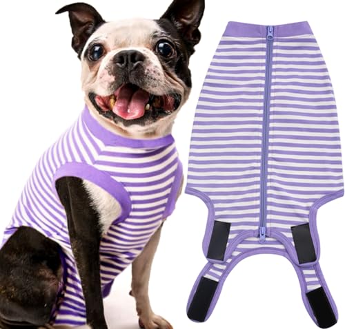 Image of Dog Recovery Suit Medium,Female Spay Male Surgery Recovery Shirt,Soft Combed Cotton Puppy Suit,M Purple-White Striped