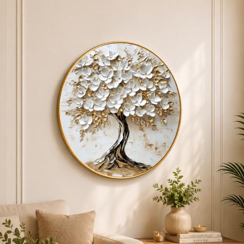 Image of PAINTINGMANTRA Tree of Life Wall Art Painting for Living Room, Floral White Flowers Painting with Round Frame for Home Bedroom and Office, 12 Inch