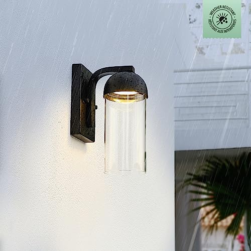 Image of Globe Electric 60000023 12W LED Integrated Outdoor Wall Sconce, Matte Black, Clear Glass Shade, Porch Light, Wall Lights for Living Room, Patio Decor, Apartment Essentials, Outside House Lights