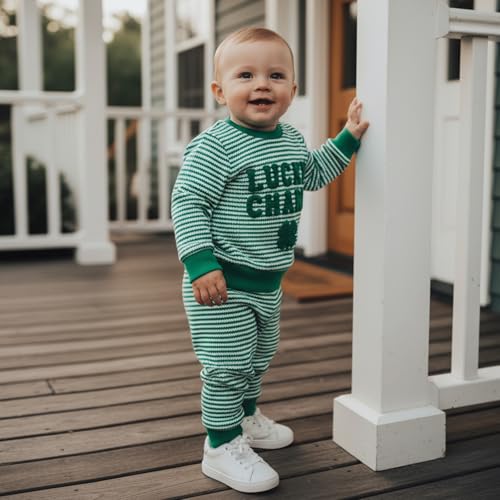 Image of Toddler Baby Boy St Patricks Day Outfit Infant Lucky Clover Sweatshirt Pants Set Little Kids Spring Warm Clothes