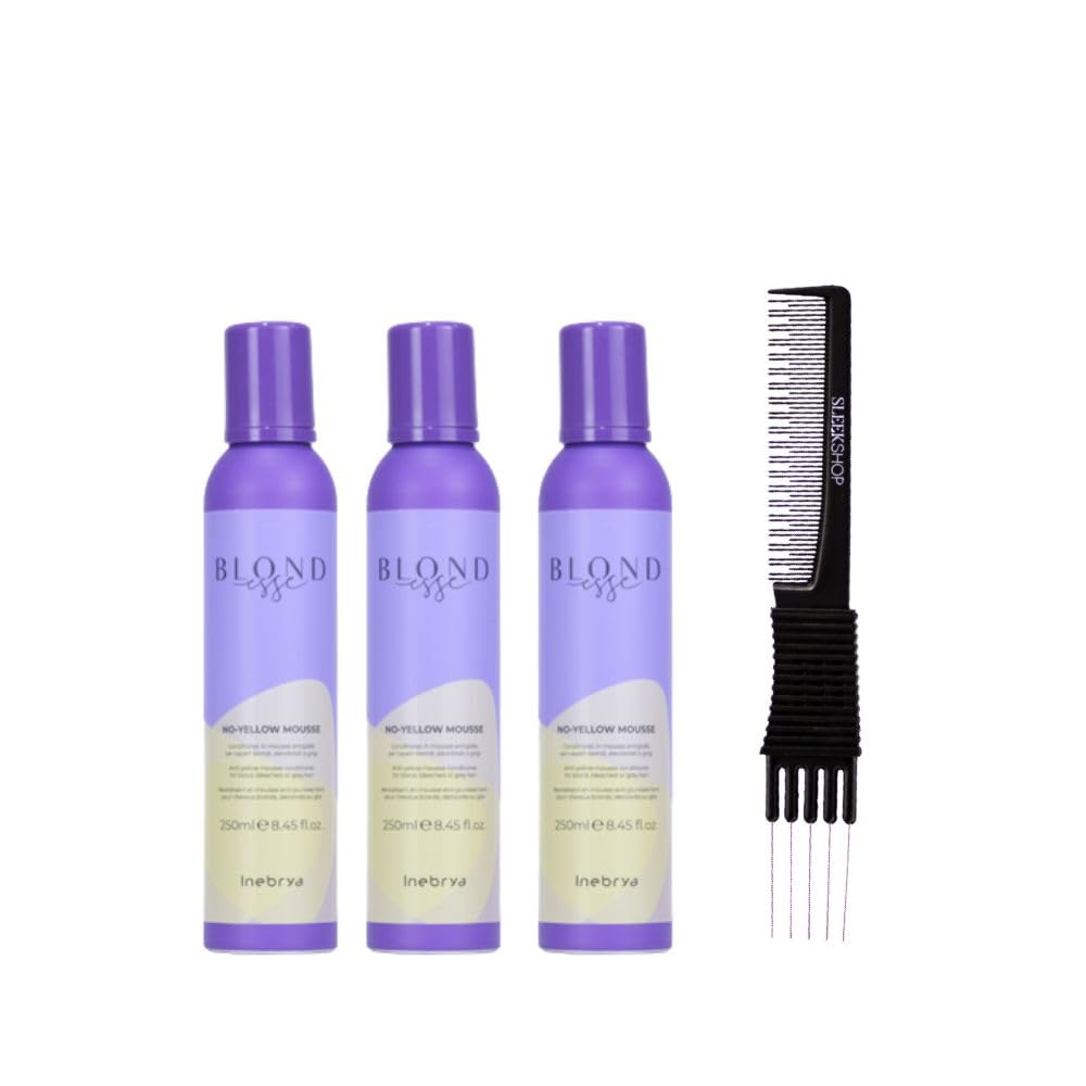 Inebrya Blondesse No-Yellow Mousse (8.45 oz) with Teasing Comb Pack of 3