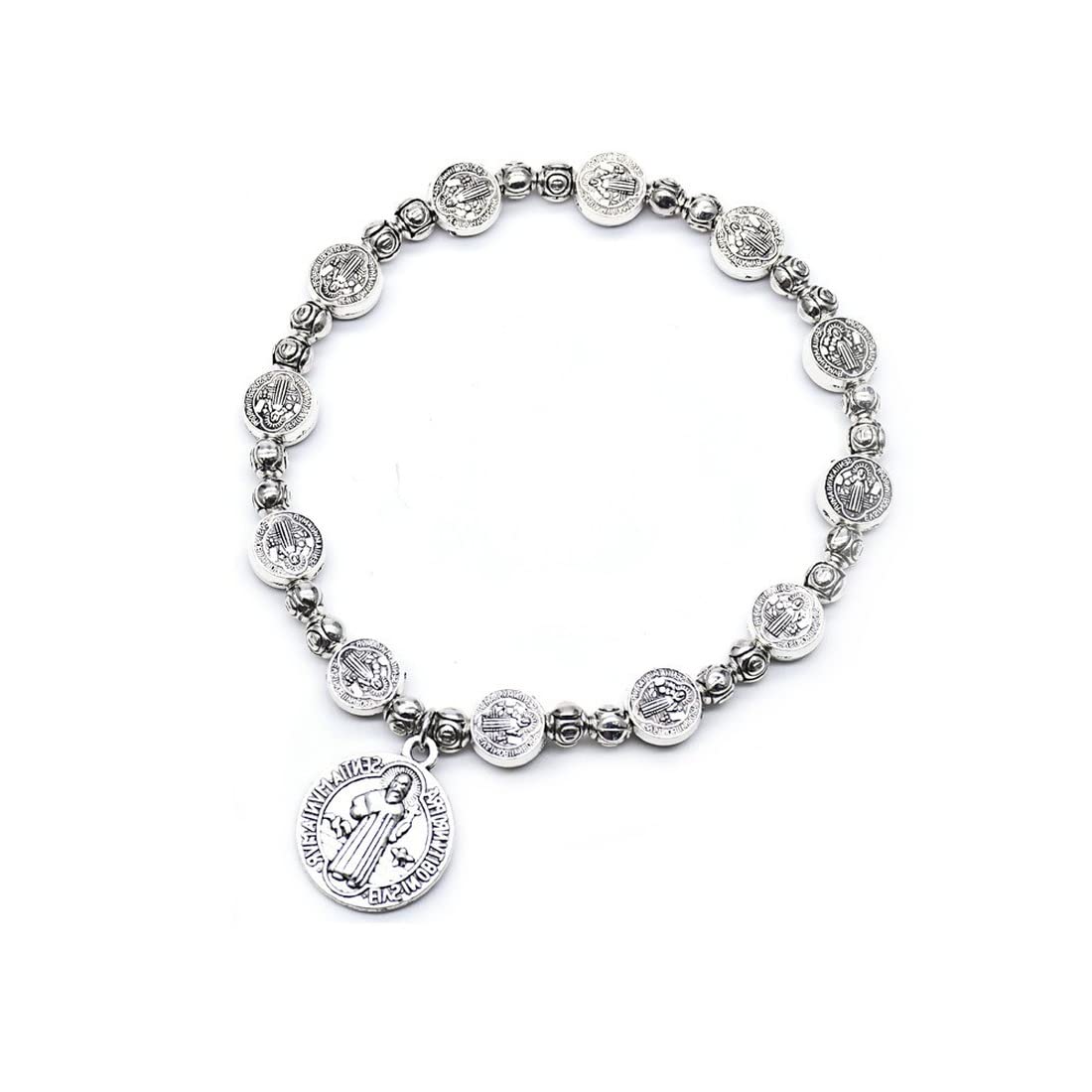 Saint Benedict Medal Prayer Beads Cross Rosary Beads Catholic Bracelet for Woman Men Religious Sacred Bracelet Vintage Silver