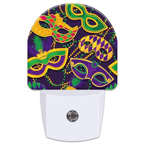 Image of Happy Mardi Gras Night Light for Kids,Colorful Carnival Masks and Beads Plug in Night Light with Dusk to Dawn Sensor, 0.5w Energy Saving Nightlight for Hallway Stairway Kitchen Bedroom