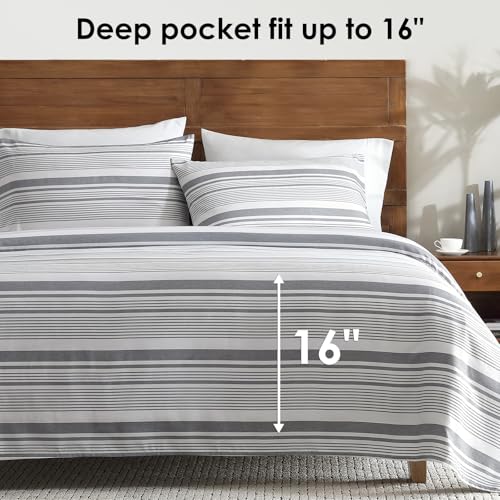 Image of ClevaHome King Sheets Set - 4 Piece Fitted Bed Sheet Set, Stone Stripe | 16 inch Deep Pocket, Super Soft & Breathable, Enhanced Comfort & Easy Care, Classic Stripe Sheet Set