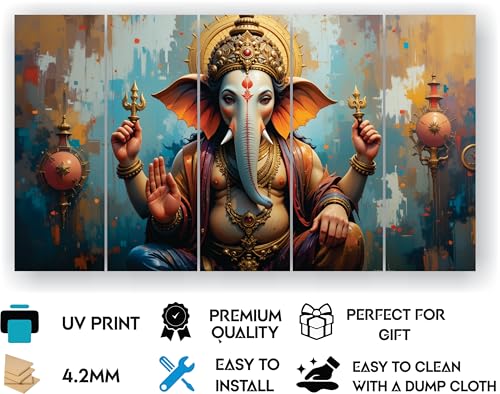 Image of RAVLEX Ganesha Wall Painting for Living Room, Wooden Framed UV Printed Wall Art for Bedroom, Office, Hotel and Drawing Room, 5 Panel Decorative Painting, 24 x 48 Inch