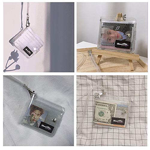 Clear Wallet for Women, Bifold Wallet Purse with Lanyard Cute Jelly Coin Pouch ID Case (Silver)2