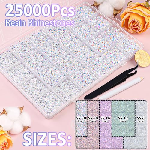 Image of 25000Pcs Resin Rhinestones for Crafting, White AB 2-6mm Mixed Sizes Non Hotfix Flatback Gems with 1Pcs Glue, Bedazzling Crystal for DIY Craft Clothing Mugs Tumblers Shoes Fabric Decor Nail Art