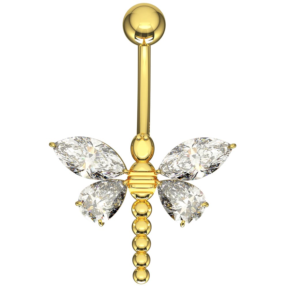 Piercing para ombligo de oro amarillo macizo de 14 quilates con circonita cúbica y libélula – Joyería para el ombligo de 14 quilates – Piercing para el ombligo calibre 1, 14 Gauge - 14mm