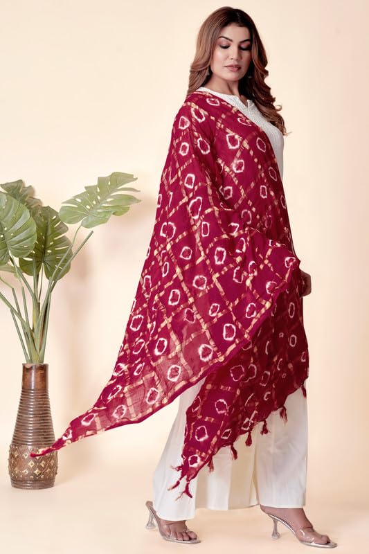 Image of Women Bandhani Dupatta | Traditional Chunri Print with Decorative Border | Lightweight Ethnic Stole for Festive and Wedding Wear