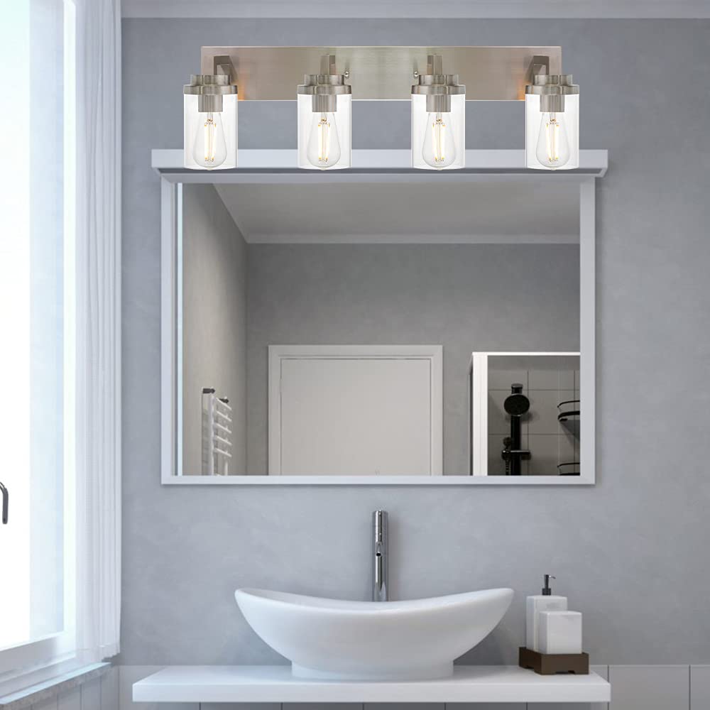 MELUCEE 4 Lights Vanity Light Brushed Nickel Modern Bathroom Lighting Fixtures Over Mirror with Clear Glass Shade, Industrial Wall Lights for Mirror Cabinet Kitchen