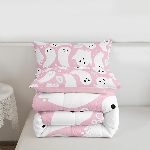 Miniatura 3 de Juego de edredón rosa con temática de Halloween, tamaño Queen, edredón de farol de calabaza para adolescentes, juego de ropa de cama de telaraña de