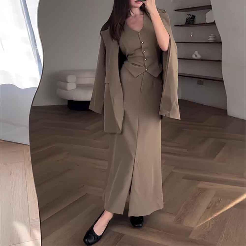 Femme Tailleur de Bureau Trois pièces Veste Formelle Gilet et Jupe Longue Ensemble Complet