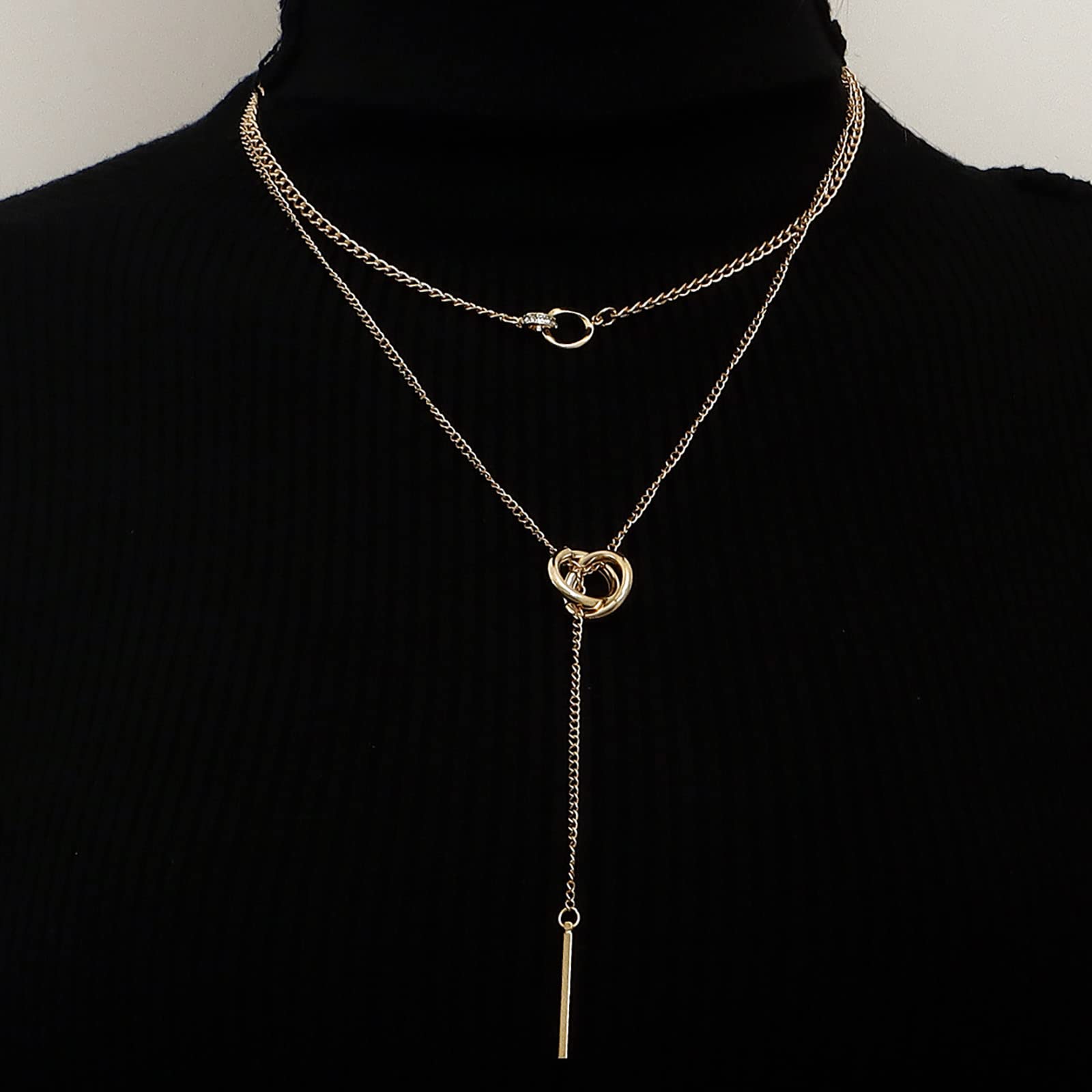 Collana Lunga Lariat Stratificata Oro - Doppi Anelli E Goccia, Gioiello A Y In Lega Per Donna E Ragazza, Stile Boho - 3