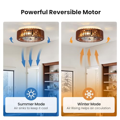 Image of 20 inch Farmhouse Wooden Caged Flush Mount Ceiling Fan with Lights, DC Motor, 6 Speeds Remote Control, Low Profile Bladeless Fandelier for Bedroom, Kitchen, Living Room