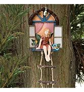 Fairy Tree Hugger with Ladder, Whimsical Fairy Garden Yard Decor Tree Face Decoration, Resin Ange...
