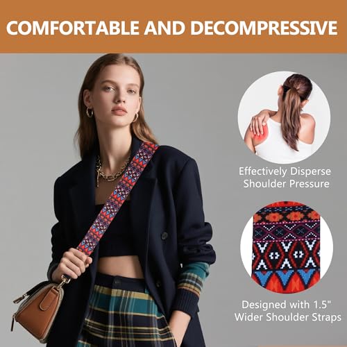 Image of Purse Strap, Adjustable Embroidery Flower 2 Inch Wide Purse Straps Replacement Crossbody for Women