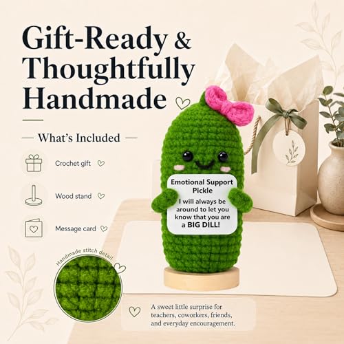 Image of Emotional Support Pickle Crochet with Stand. Handmade Positive Pickle Gift for Women, Friends, Family, Co Workers. Birthday Gifts. Best Friends (Pink Support Pickle)