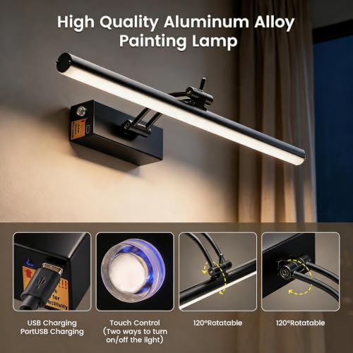 Yuichoy 2 Pack Picture Lights for Wall Battery Operated, 16 inch Wireless Art Lighting for Painting, 6 Colors Picture Frame Lights with Remote, Dimmable 5200mAh Gallery Light, Black