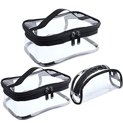 Meetory 3 Pieces Clear Waterproof Cosmetic Bag, TSA Approved Toiletry Bag with Handle, PVC Vinyl Zippered Portable Organizer Make-up Pouch for Travel, Bathroom and Organizing
