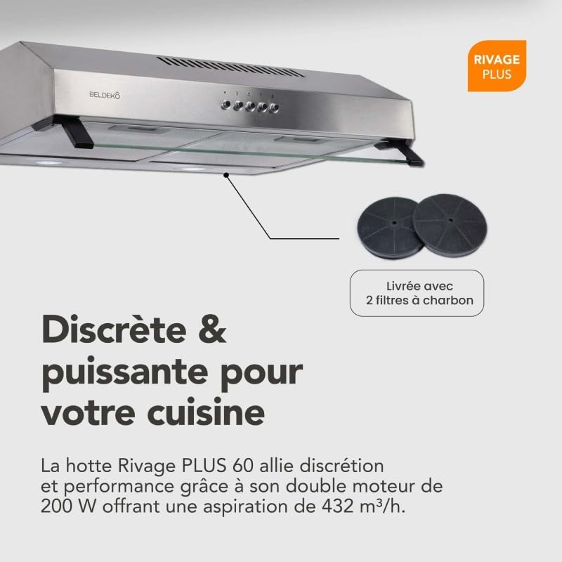 BELDEKO Hotte Casquette Visière 60 cm - Inox - 3 Vitesses Éclairage LED - Évacuation ou Recyclage - Marque Française