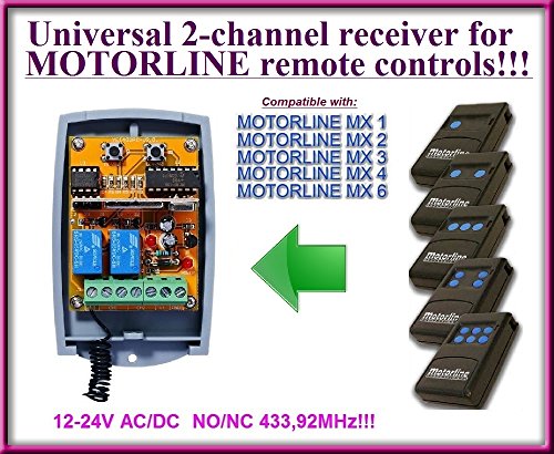 Motorline Compatible récepteur. 2 canaux récepteur universel pour Motorline MX1/MX2/MX3/MX4/MX6 télécommandes. 1224 V AC/DC, NO/NC 433.92 Mhz rolling code/fixe