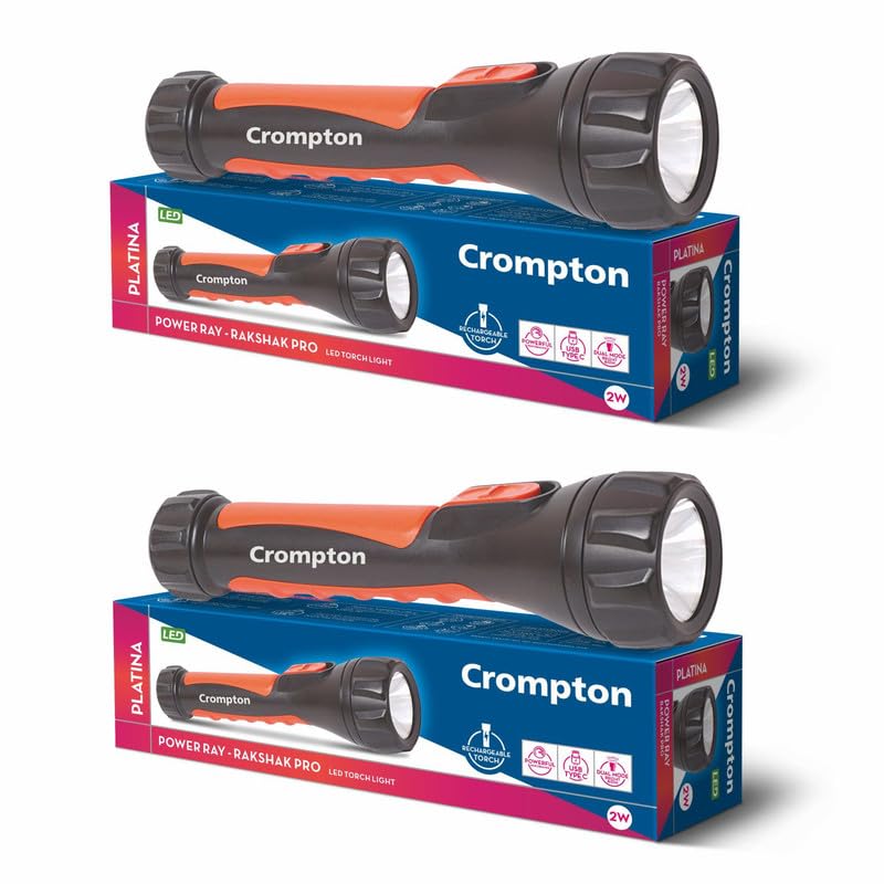 Crompton Rakshak Pro Rechargeable LED Torch Light with USB Type-C Charging | Dual Mode Lighting (Black & Orange, Pack of 2)-image-24