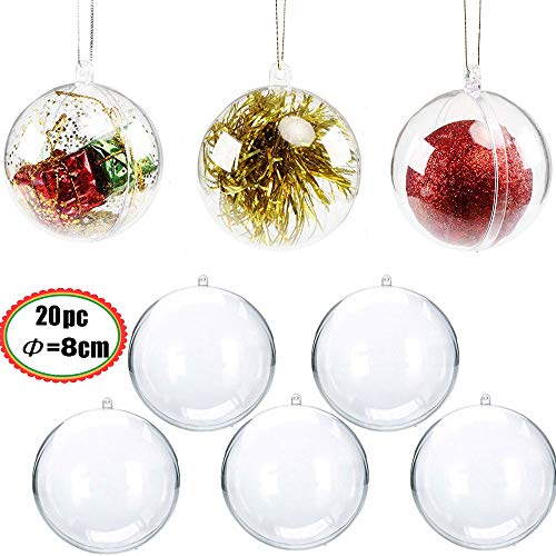 Okaytec Palline Trasparenti per Decorazioni Natalizie Albero - Palline Riempibili per Regali Originali di Natale/Ornamenti Albero Natale - 20 pz (Diametro 8 cm)