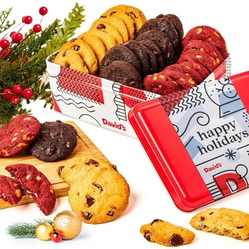 David’s Cookies Assorted Mini Cookies – Happy Holidays Sampler Tin – 24 pcs