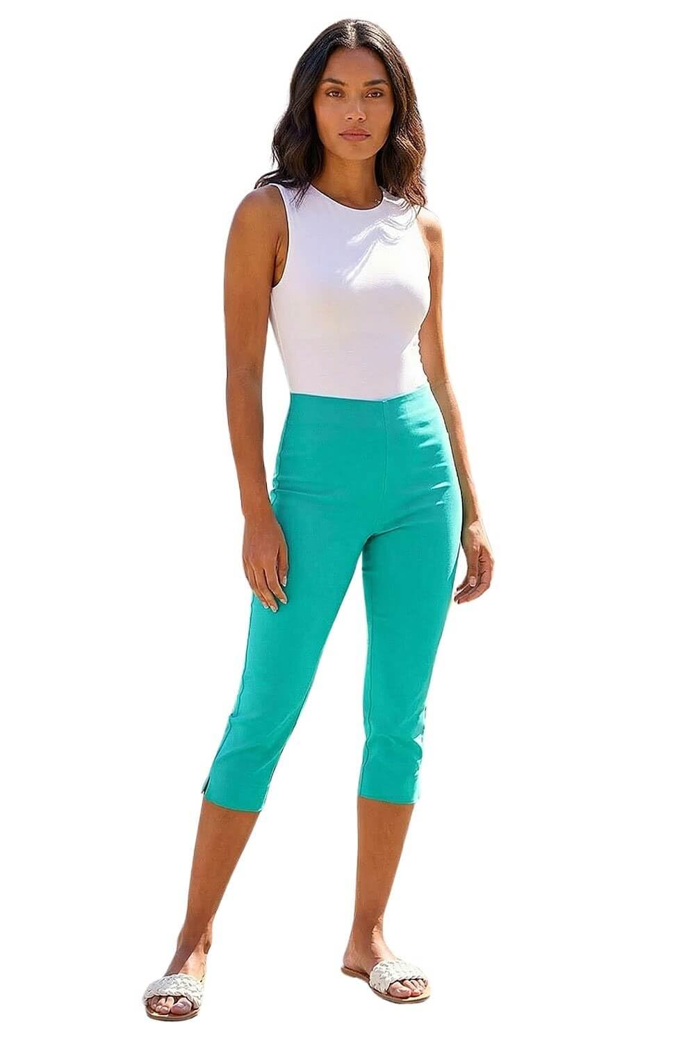 Roman Cropped Trousers for Women UK Ladies Capri Leggings Summer Pants Short Crop Stretch 3/4 Length Three Quarter Pedal Pusher Clothes Elasticated Bengaline Cut Off - Aqua - Size 20
