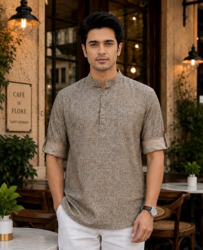 Image of Majestic Man Men's Cotton Regular Fit Short Printed Designer Kurta