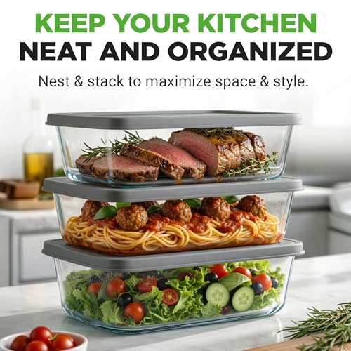 Image of NutriChef 6 Piece Glass Loaf Pans for Baking Bread - 7.6 Cups Stackable Glass Bread Loaf Pan - 3 loaf Pan with 3 Lids - Oven & Microwave Safe, Dishwasher Safe - Clear