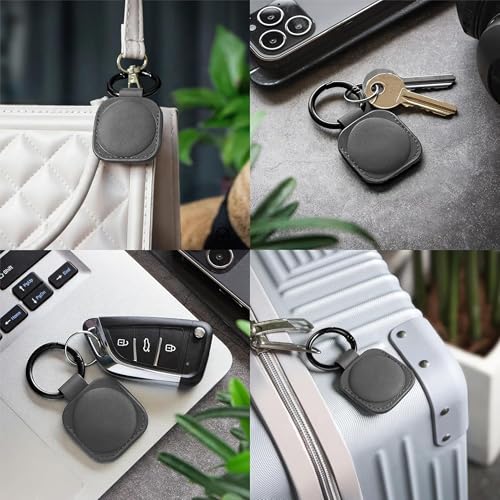 Image of Leather Case Keychain (Pink) - Protective Holder Compatible with Apple AirTag 1 & 2 for Keys, Pet Collars, Bags & Luggage - Scratch-Resistant, Soft Touch, Secure Ring | Grey