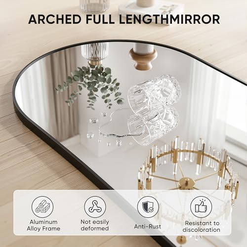 Image of Full Length Mirror, 76 inchx44 inch Arched Floor Mirror Freestanding, Floor Standing Full Body Mirror with Stand for Bedroom, Hanging Mounted for Living Room Cloakroom, Black