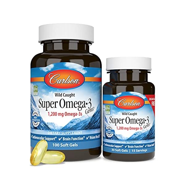 Carlson - Super Omega-3 Gems, 1200 mg Omega-3 Fatty Acids with EPA and DHA, Wild-Caught Norwegian Supplement, Sustainably Sourced Fish Oil Capsules, Omega 3 Supplements, 100+30 Softgels