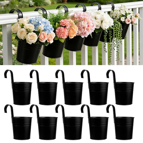 TEYIAN 10Pcs 10cm Metal Hanging Flower Pots Vase Bucket Hanging Plant Pots Hanging Garden Planter with Drainage Hole Balcony Fence Garden Planter Home Decor