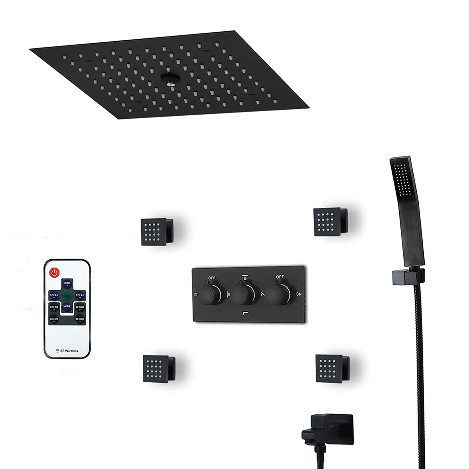 AYCDL Led Shower System Matte Black, 300 * 300 Ceiling Mount Rainfall Waterfall Shower Head with Hand Shower, Tub Spout, Body Jet, Bath Shower Mixer Tap,Mobile Phone,Remote Control