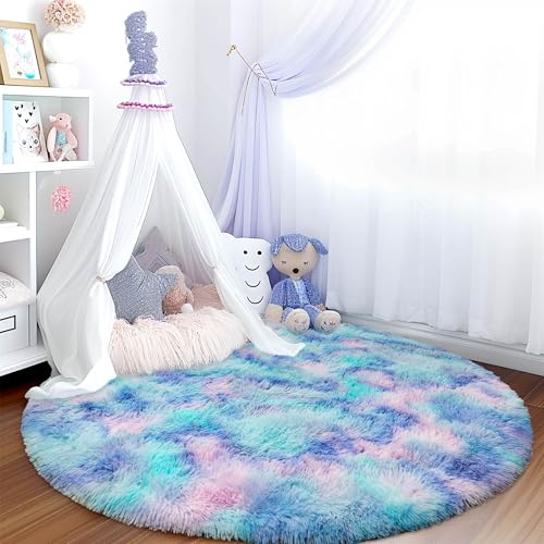 Fluffy Tie-dye Blue Circle Rug - 4FT Super Soft Plush Shaggy Carpet for Kids' Room